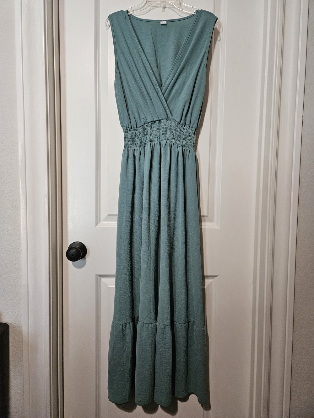 Source Unknown Sleeveless V-Neck Smocked Waist Maxi Dress in Dusty Teal